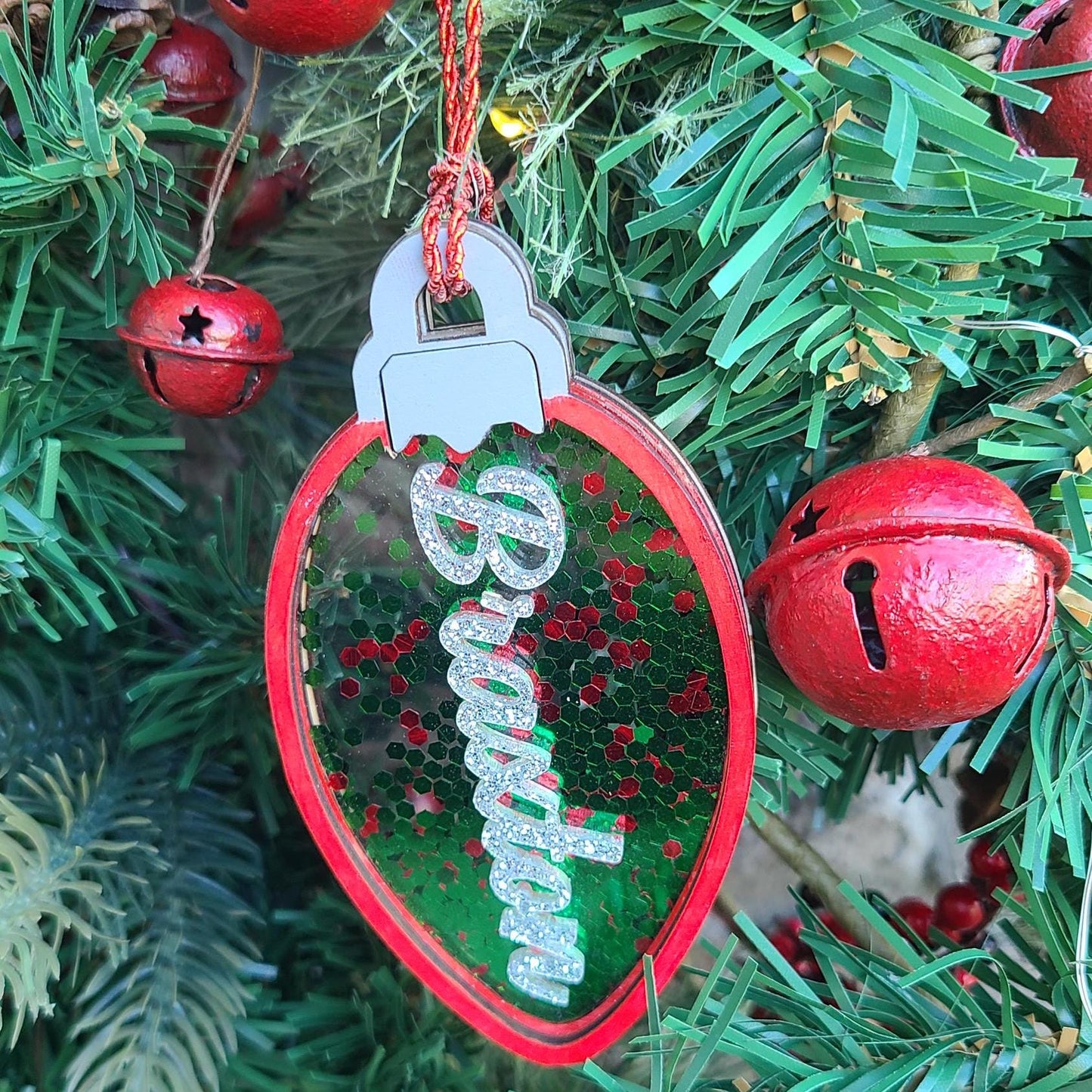 Personalized Christmas Shaker Ornament, Glitter Shaker Christmas Ornament, Family Christmas Tree Ornament, Wooden Shaker Snowflake/Lightbulb