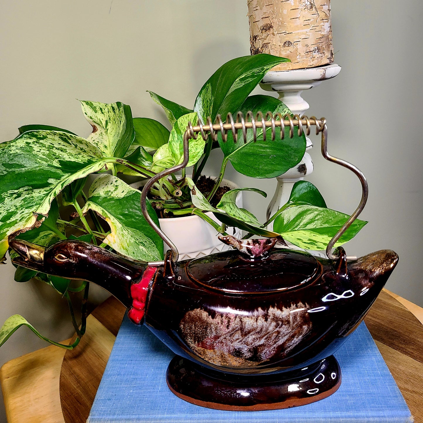 Vintage Redware Brown & Gold Geese Duck Teapot