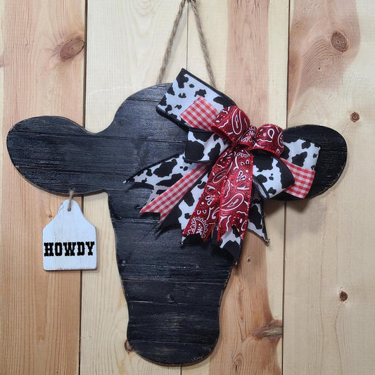 Rustic Wooden Cow Head Door Hanger with Personalized Ear Tag, Cow Head Sign, Personalized Cow Head Farmhouse Decor, Antique Black Cow Head.