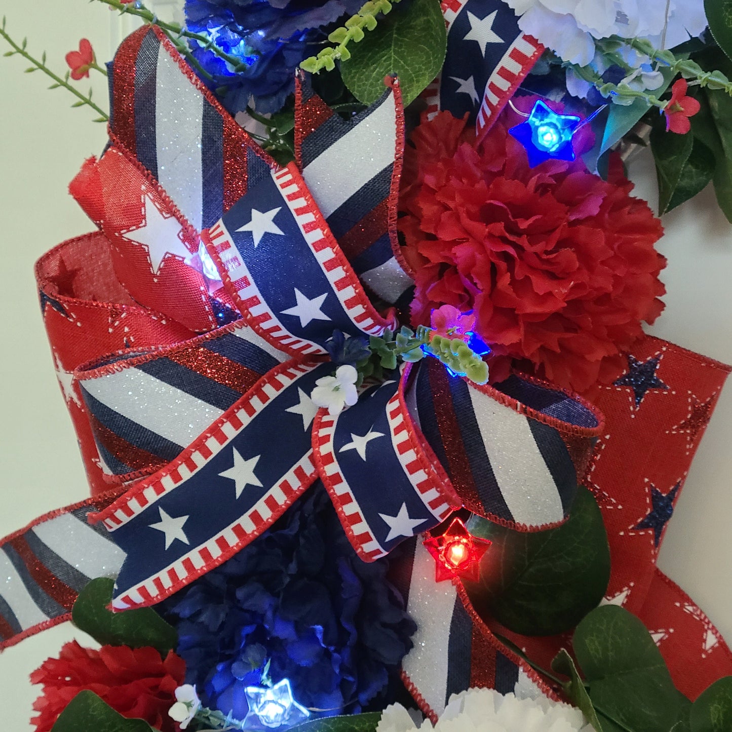 Patriotic Summer White Glitter Grapevine Wreath, Star Battery Powered Lights, Red, White & Blue Carnations Wreath, Fourth of July Wreath