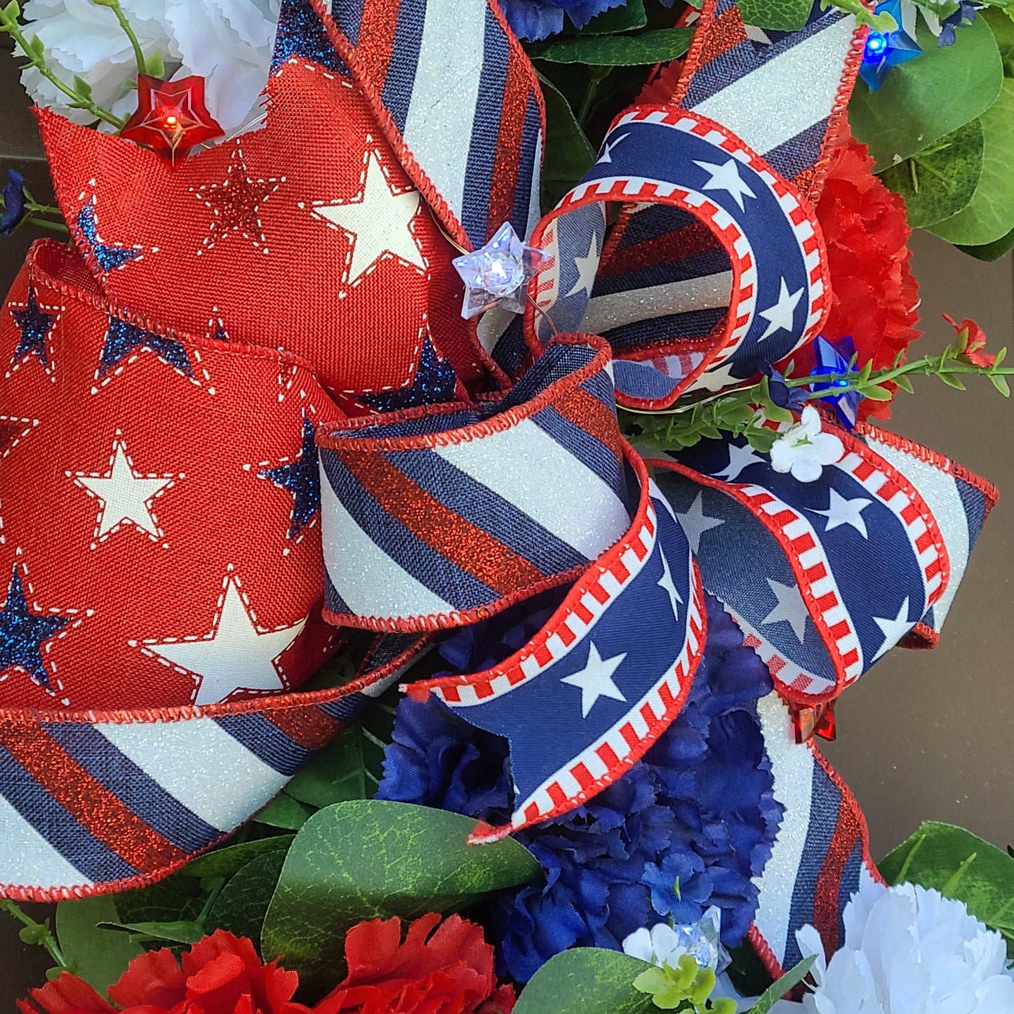 Patriotic Summer White Glitter Grapevine Wreath, Star Battery Powered Lights, Red, White & Blue Carnations Wreath, Fourth of July Wreath