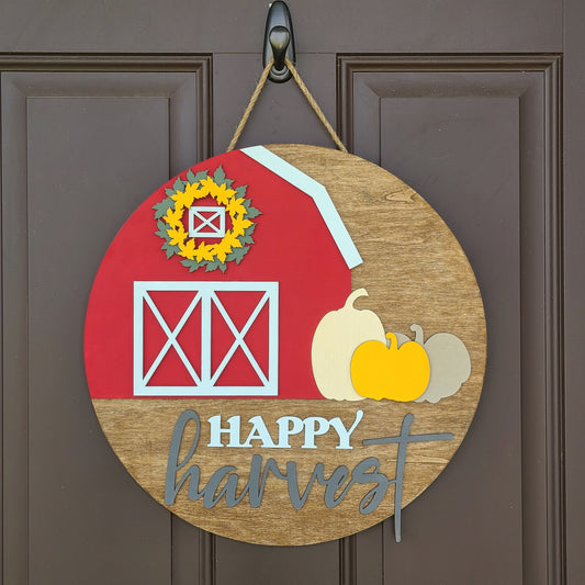 Happy Harvest Fall Door Hanger, Fall Front Door Decor, Farmhouse Decor, Fall Pumpkins, Red Barn Fall Decor, Wood Door Hanger, Home Decor