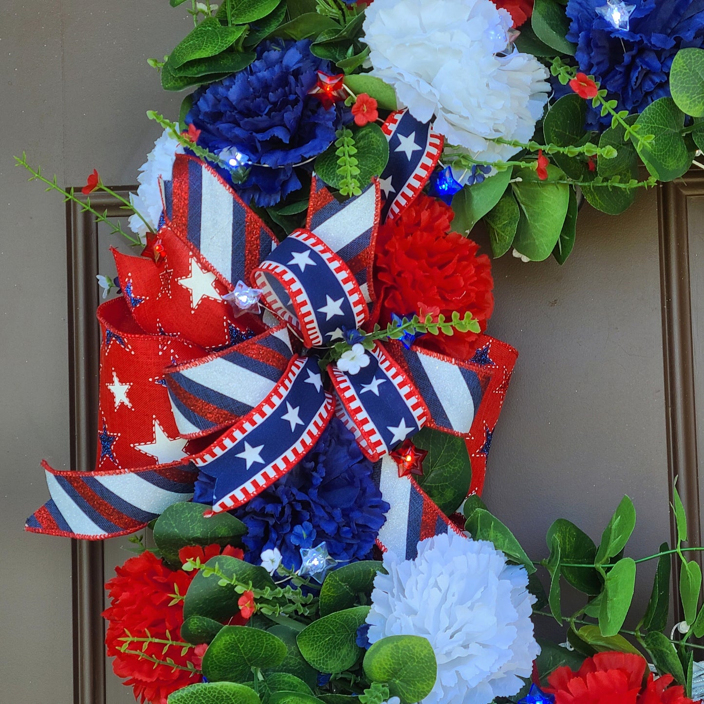 Patriotic Summer White Glitter Grapevine Wreath, Star Battery Powered Lights, Red, White & Blue Carnations Wreath, Fourth of July Wreath