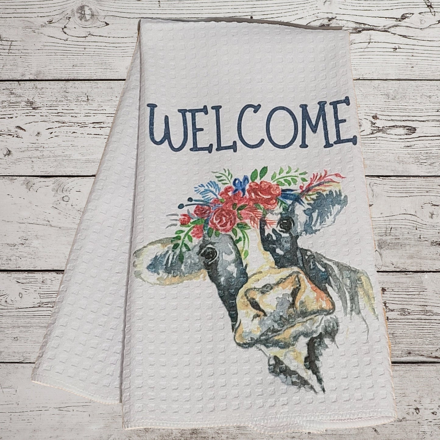 Welcome Cow Floral White Waffle Microfiber Kitchen Hand Towel 16" x 28" Set of 2