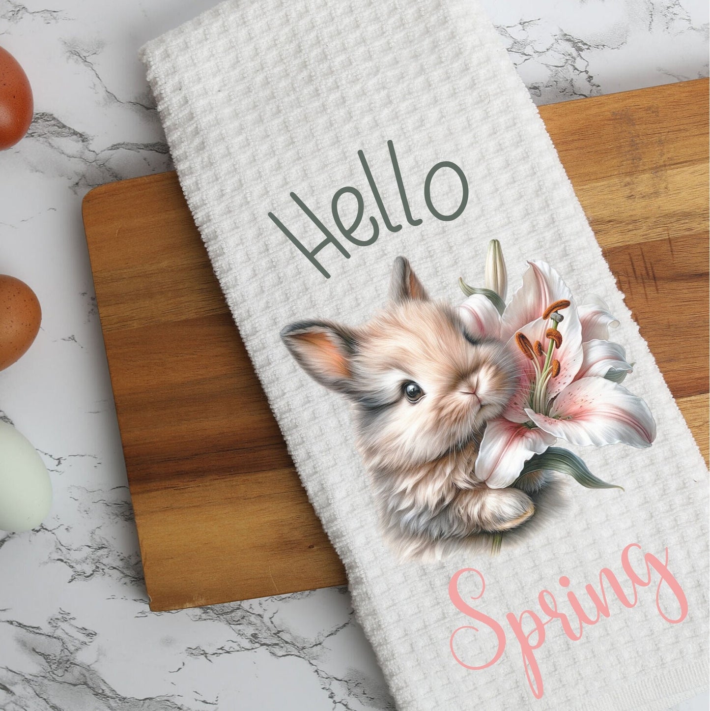 Hello Spring Bunny Kitchen Decor, Spring Easter Lilly, 2 Cute Bunny Easter Lilly Kitchen Hand Towels, Spring Farmhouse Decor, Easter Kitchen