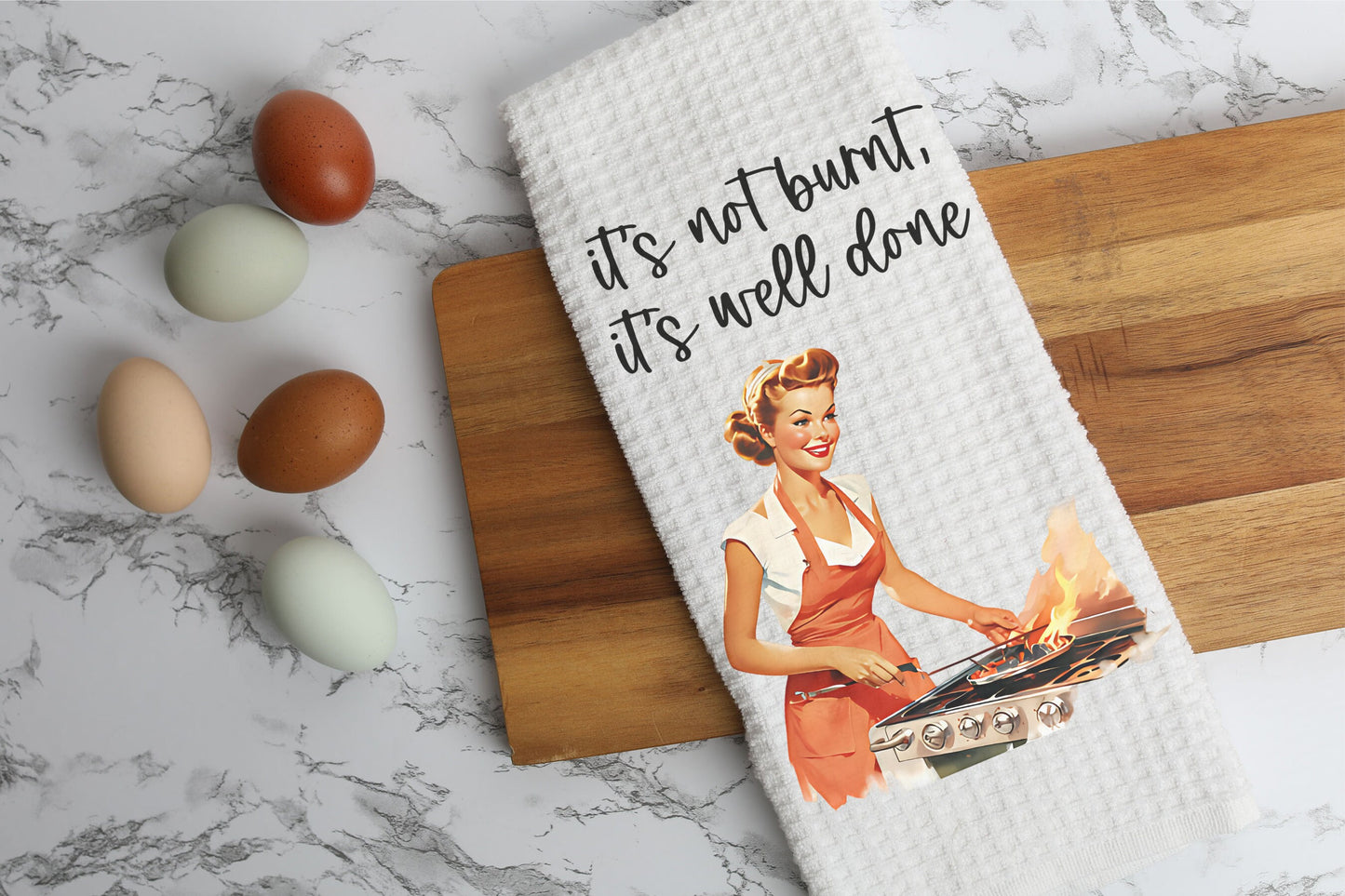 It's Not Burnt, It's Well Done, White Waffle Microfiber Kitchen Dish Hand Towel Set of 2, Funny Kitchen Towels, Housewarming Gifts