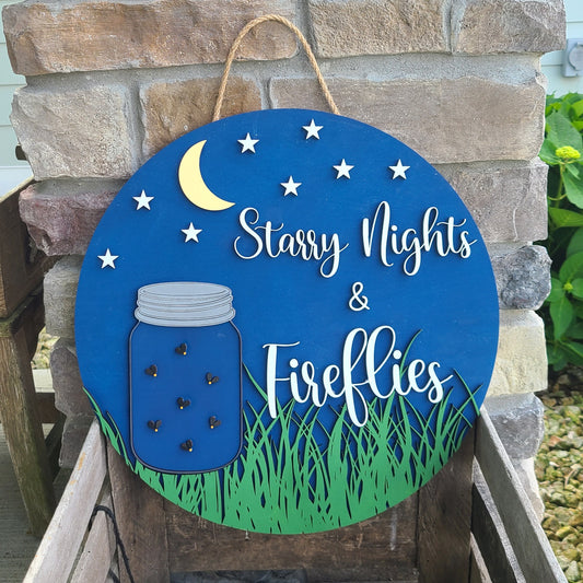 Starry Nights & Fireflies Door Hanger, Front Door Decor, Summer 3D Wooden Door Hanger, Summer Front Porch Decor, Front Door Sign, Mason Jar.