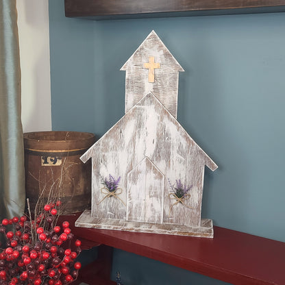 Wooden Rustic Church, Primitive Wood Church, Farmhouse Decor, Handmade Rustic Wood Decor, Rustic White Country Church, Christian Decor