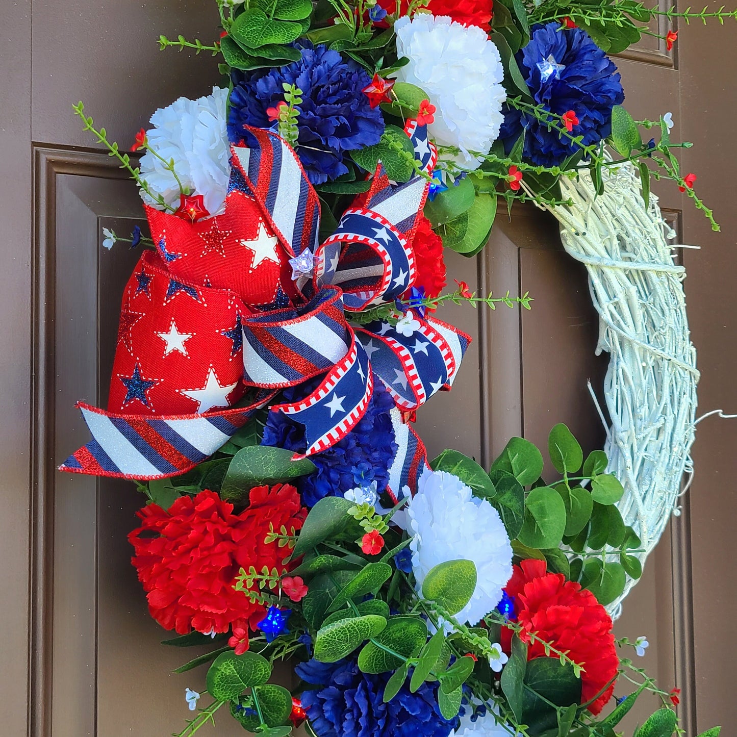 Patriotic Summer White Glitter Grapevine Wreath, Star Battery Powered Lights, Red, White & Blue Carnations Wreath, Fourth of July Wreath