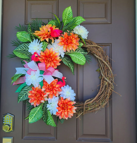 Flamingo Wreath, Orange and White Dahlia Wreath, Summer Flamingo Front Door Decor, Tropical Wreath, Beach House Decor