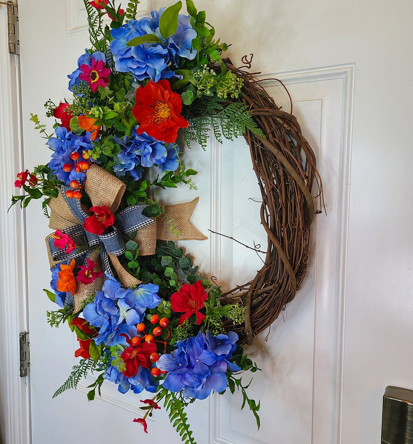 Summer Blue Hydrangea And Wild Flower Wreath, Front Door Decor, Farmhouse Wreath, 18" Grapevine Wreath, Burlap Bow Floral Wreath