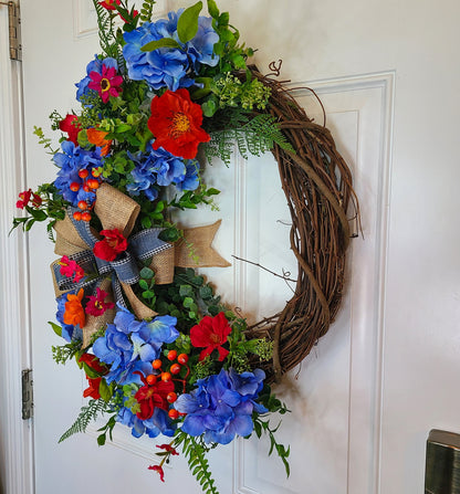 Summer Blue Hydrangea And Wild Flower Wreath, Front Door Decor, Farmhouse Wreath, 18" Grapevine Wreath, Burlap Bow Floral Wreath