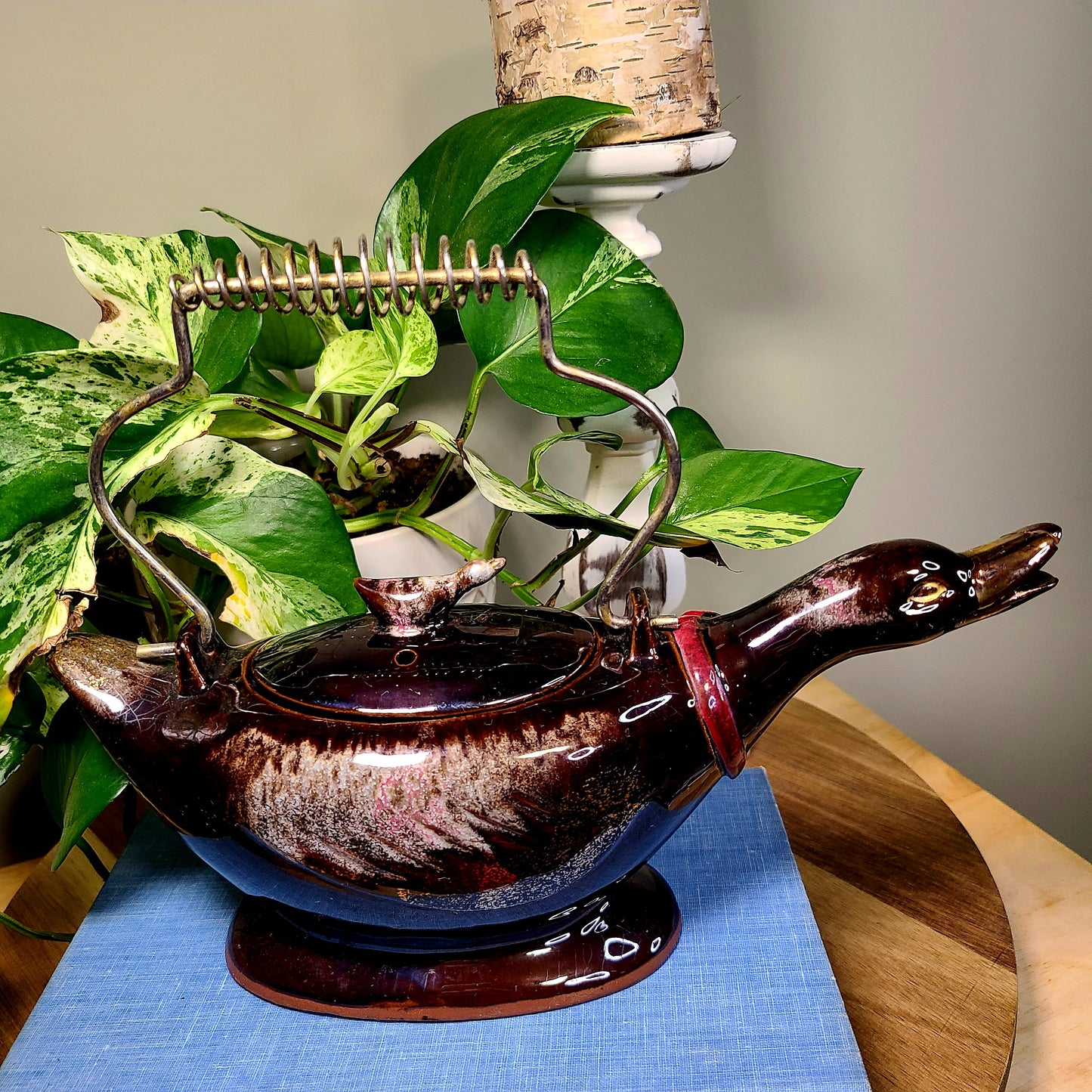 Vintage Redware Brown & Gold Geese Duck Teapot
