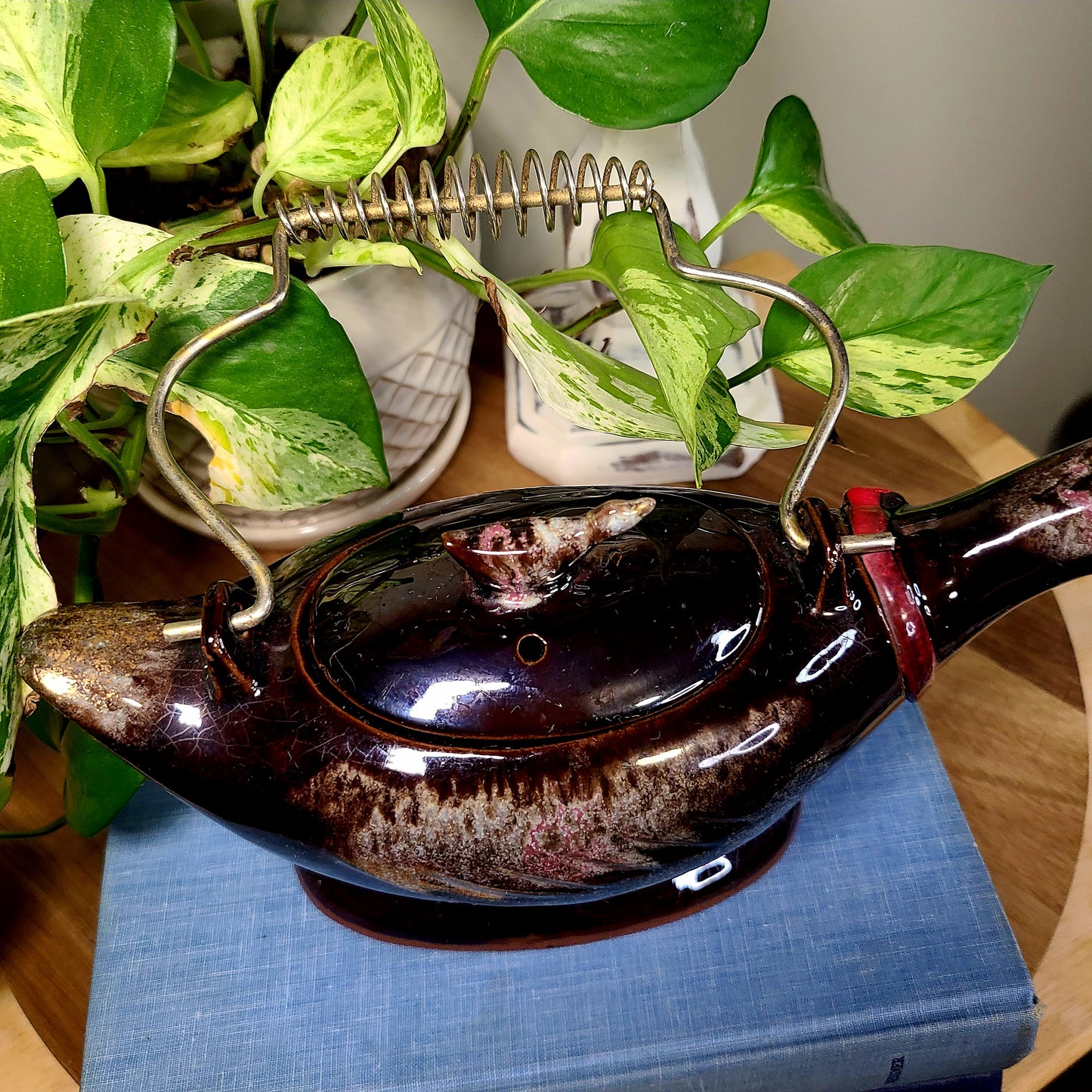 Vintage Redware Brown & Gold Geese Duck Teapot