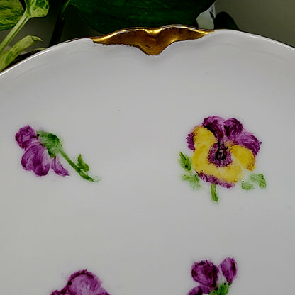 Vintage 1971 Porcelain Purple & Yellow Pansy Flowers Decorative Plate w/ Gold Trim