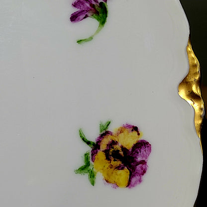 Vintage 1971 Porcelain Purple & Yellow Pansy Flowers Decorative Plate w/ Gold Trim