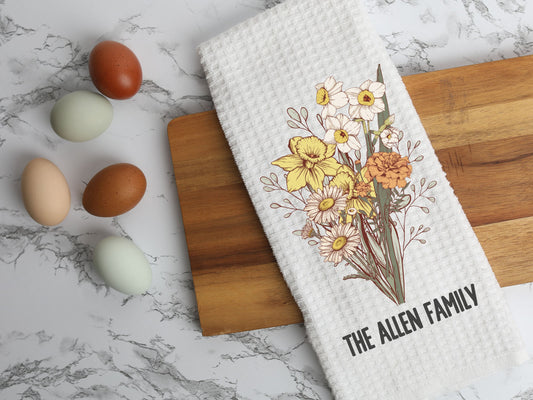Birth Flower Bouquet Personalized Gift Custom Mother Day Gift Personalized White Waffle Microfiber Kitchen Dish Hand Towel Set of 2