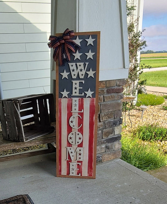 Patriotic Welcome Door Leaner, Rustic Farmhouse Front Porch Decor, Stars and Stripes Welcome Sign, Housewarming Gift, Porch Decor, Wooden