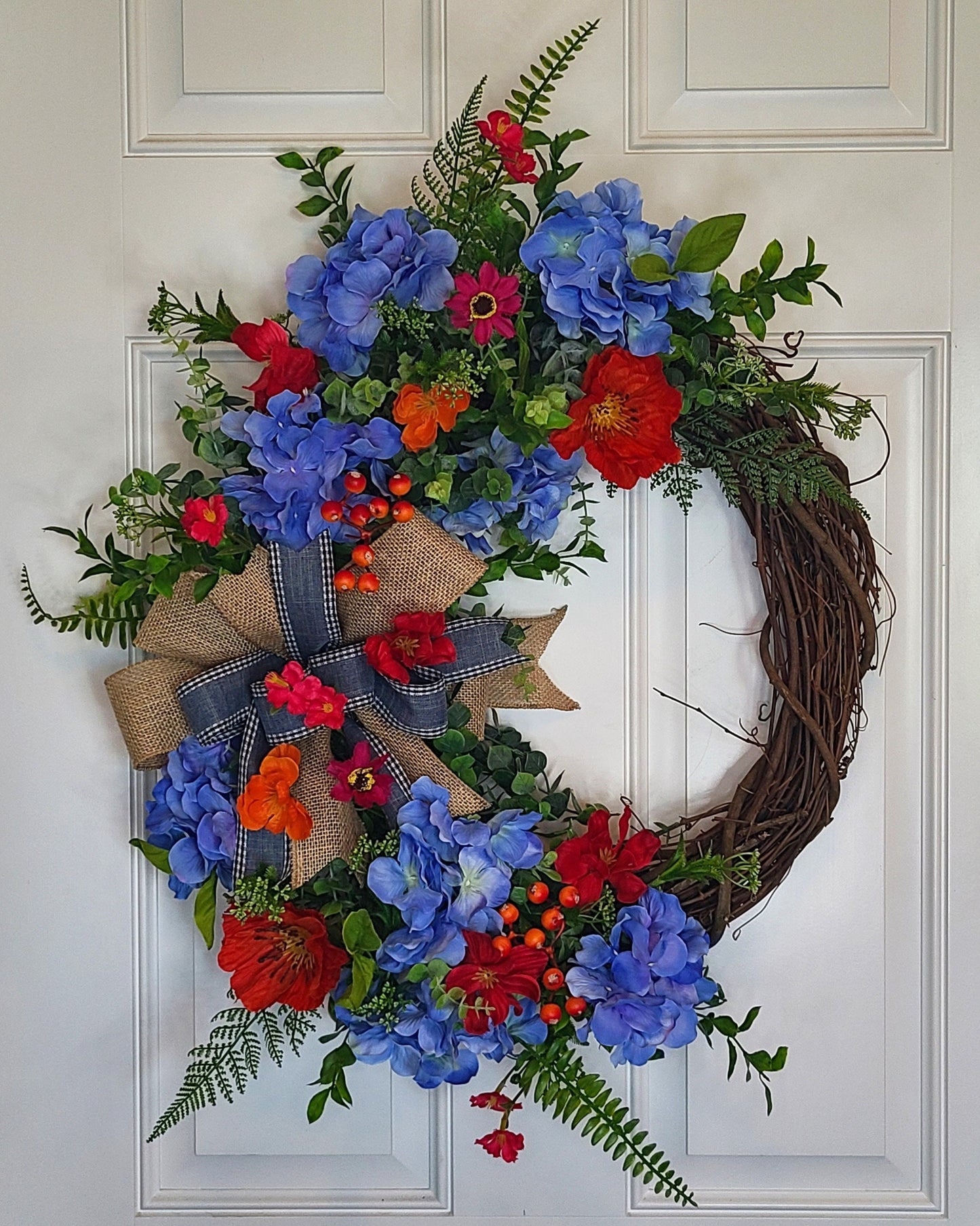 Summer Blue Hydrangea And Wild Flower Wreath, Front Door Decor, Farmhouse Wreath, 18" Grapevine Wreath, Burlap Bow Floral Wreath