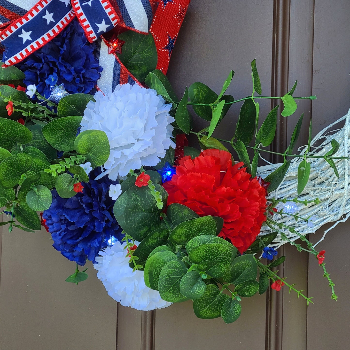 Patriotic Summer White Glitter Grapevine Wreath, Star Battery Powered Lights, Red, White & Blue Carnations Wreath, Fourth of July Wreath