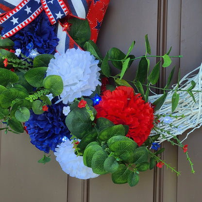 Patriotic Summer White Glitter Grapevine Wreath, Star Battery Powered Lights, Red, White & Blue Carnations Wreath, Fourth of July Wreath