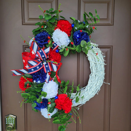 Patriotic Summer White Glitter Grapevine Wreath, Star Battery Powered Lights, Red, White & Blue Carnations Wreath, Fourth of July Wreath