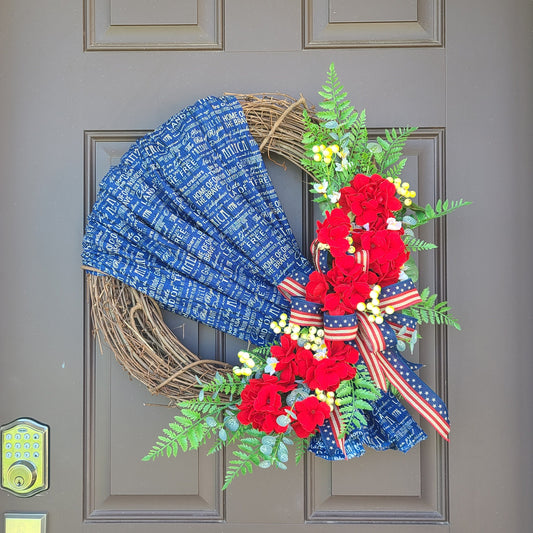 Patriotic Summer Red Geranium Wreath, Fourth of July Wreath, Front Door Wreath, Red White Blue Wreath, Farmhouse Decor, Independence Day