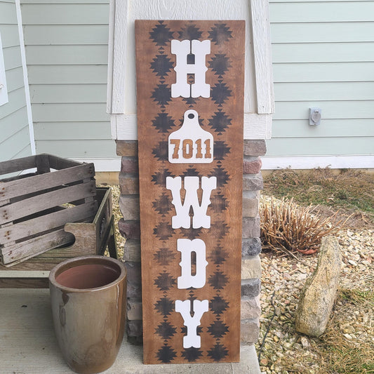 Customizable House Number Ear Tag Howdy Western Porch Leaner Sign, Distressed Wood Western Front Porch Decor, Rustic Aztec Porch Leaner Sign