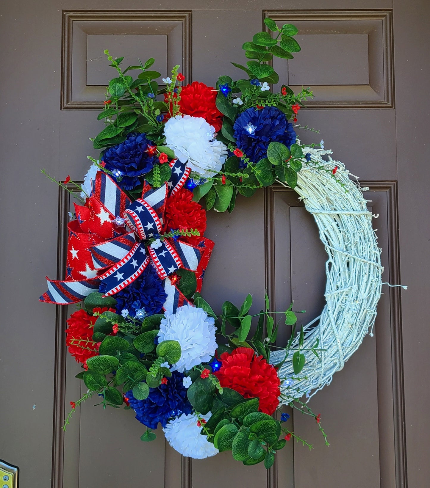 Patriotic Summer White Glitter Grapevine Wreath, Star Battery Powered Lights, Red, White & Blue Carnations Wreath, Fourth of July Wreath
