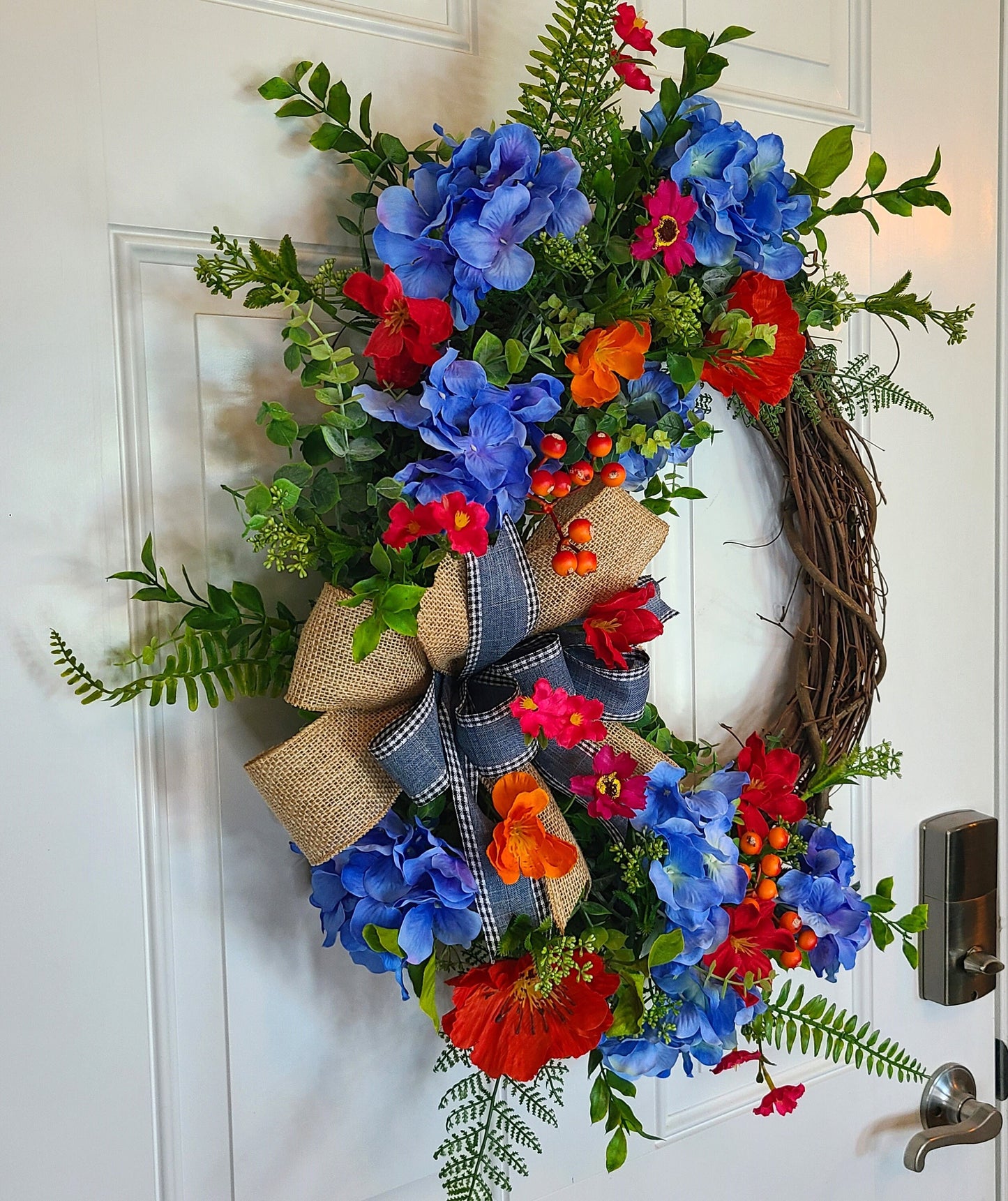 Summer Blue Hydrangea And Wild Flower Wreath, Front Door Decor, Farmhouse Wreath, 18" Grapevine Wreath, Burlap Bow Floral Wreath