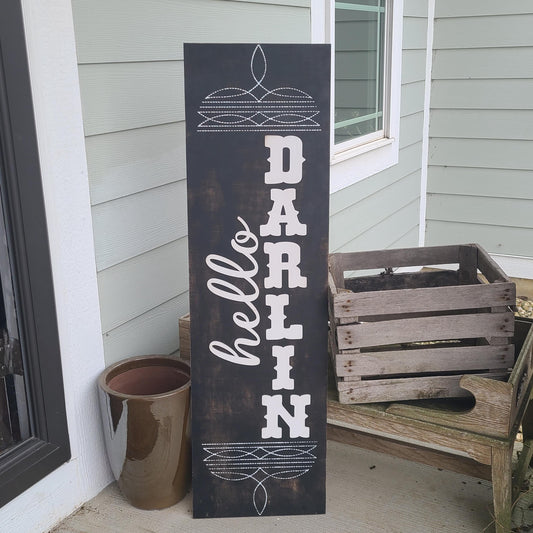 Wooden Hello Darlin' Welcome Sign, Cowboy Boot Stitch Hello Darlin' Porch Leaner Sign, Distressed Rustic Western Welcome Porch Leaner Sign