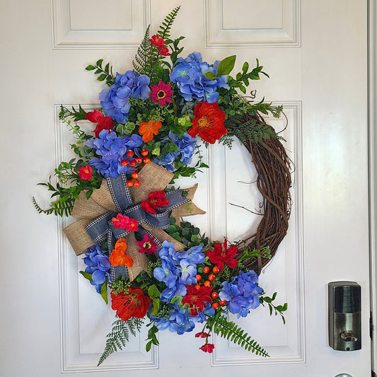 Summer Blue Hydrangea And Wild Flower Wreath, Front Door Decor, Farmhouse Wreath, 18" Grapevine Wreath, Burlap Bow Floral Wreath