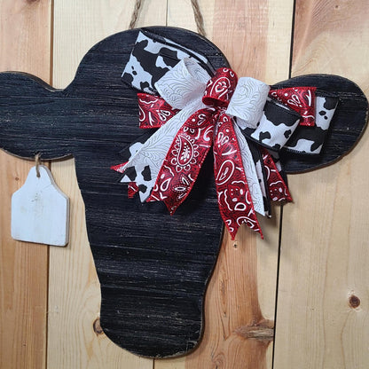 Rustic Wooden Cow Head Door Hanger with Personalized Ear Tag, Cow Head Sign, Personalized Cow Head Farmhouse Decor, Antique Black Cow Head.