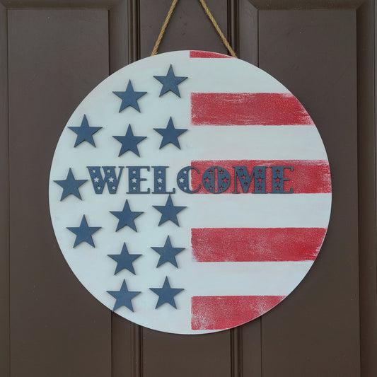 Front Door Decor, Patriotic Door Hanger, Americana Welcome Door Hanger, Welcome Sign, Door Sign, Summer Home Decor, Porch Decor. 3D Wood
