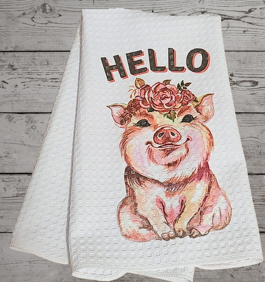 16 x 28 White Waffle Microfiber Hello Pig Floral Kitchen Hand Towel Set of 2