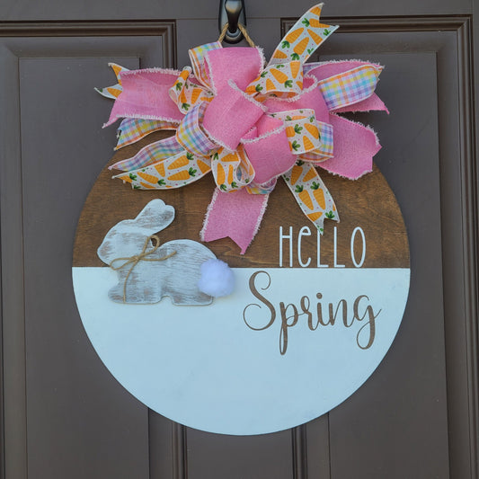 Front Door Decor, Hello Spring Round Wood Door Sign, Easter Bunny Decor, Easter Decor, Spring Decor, Front Porch Decor, Wood Door Hanger.