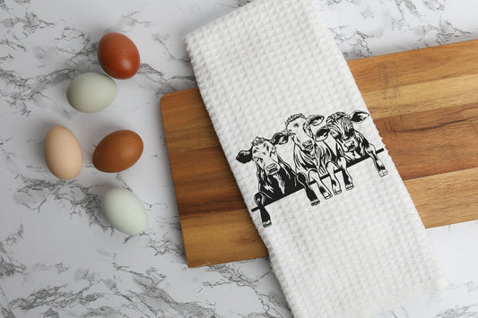 Farmhouse Cow Kitchen Hand Towel 16" x 28" White Waffle Microfiber Set of 2