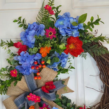 Summer Blue Hydrangea And Wild Flower Wreath, Front Door Decor, Farmhouse Wreath, 18" Grapevine Wreath, Burlap Bow Floral Wreath