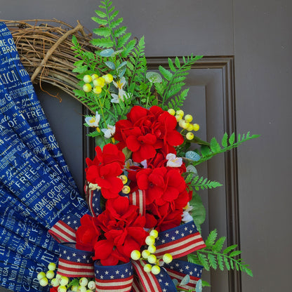 Patriotic Summer Red Geranium Wreath, Fourth of July Wreath, Front Door Wreath, Red White Blue Wreath, Farmhouse Decor, Independence Day