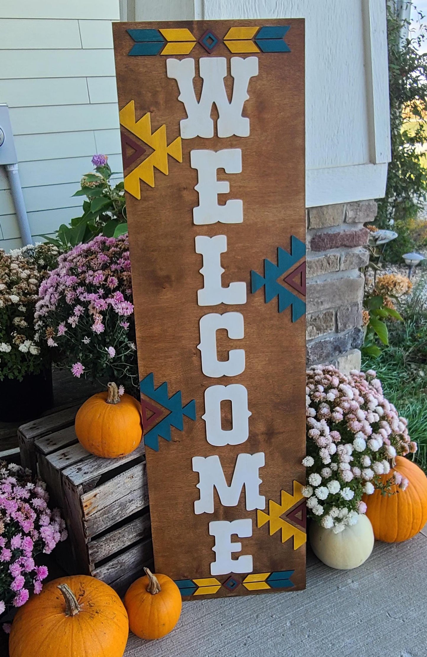 Wooden Rustic Western Aztec Welcome Front Porch Leaner Sign, Distressed Western Front Porch Decor, Welcome Porch Leaner Sign, 3D Wooden Sign