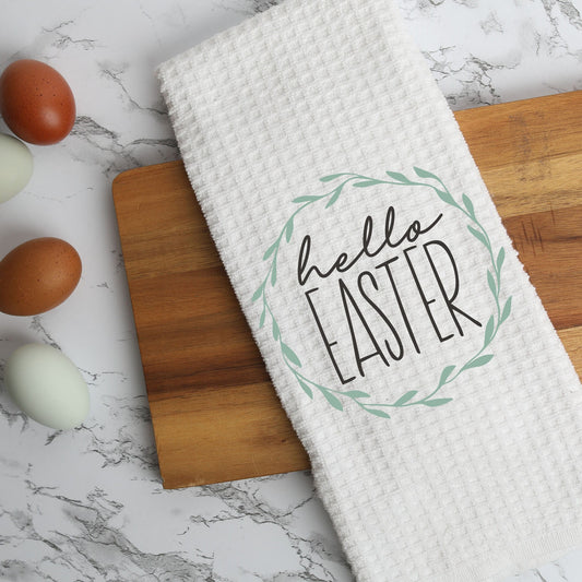 Happy Easter Cross, Happy Easter Bunny, Hello Easter Wreath, Easter Blessings, White Waffle Microfiber Kitchen Dish Hand Towel Set of 2.