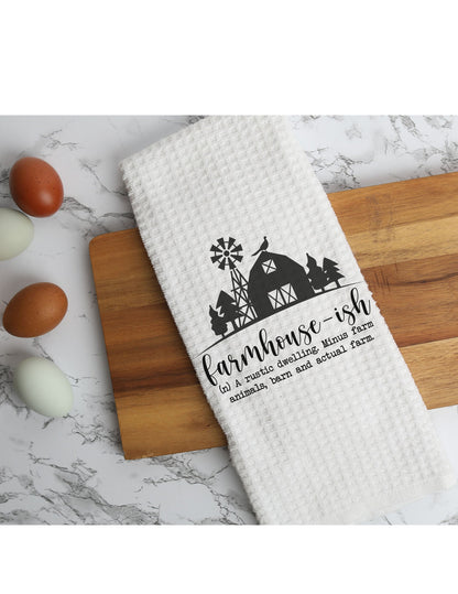 Farmhouse-ish Kitchen Hand Towel 16" x 28" White Waffle Microfiber Set of 2, Funny Dish Towel, Gift For Her, Hostess Gift, Housewarming Gift