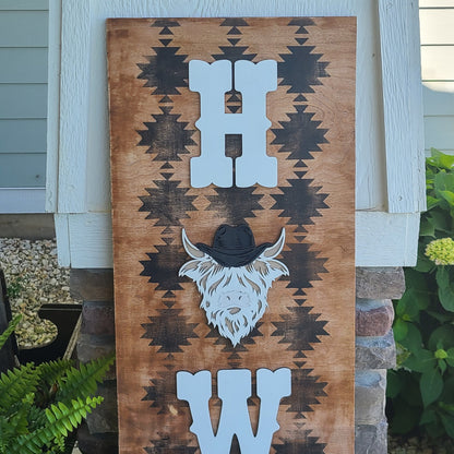 Wooden Highland Cow Howdy Western Porch Leaner Sign, Distressed Western Front Porch Decor, Rustic Highland Cow Welcome Porch Leaner Sign