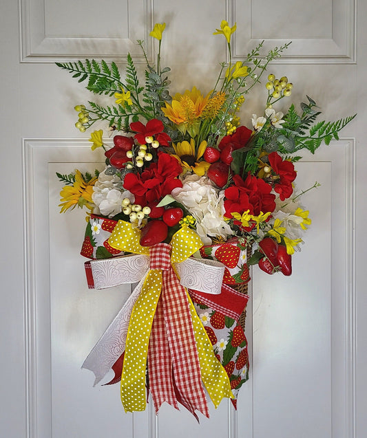 Summer Strawberries And Florals Basket Door Hanger, Farmhouse Decor, Front Door Decor, Red, White & Yellow Door Decor, Floral Hanging Basket
