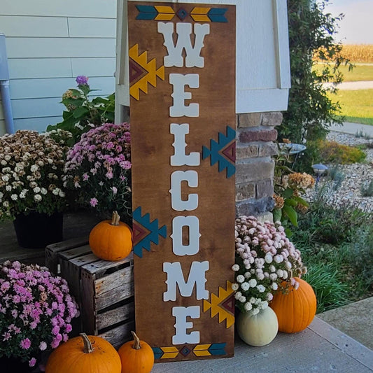 Wooden Rustic Western Aztec Welcome Front Porch Leaner Sign, Distressed Western Front Porch Decor, Welcome Porch Leaner Sign, 3D Wooden Sign