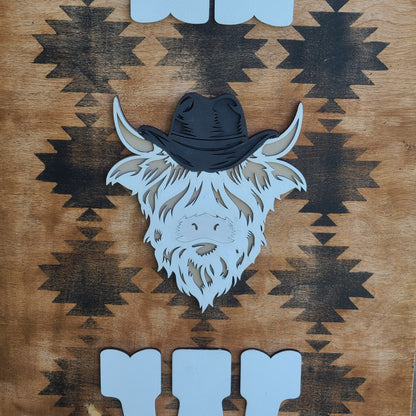 Wooden Highland Cow Howdy Western Porch Leaner Sign, Distressed Western Front Porch Decor, Rustic Highland Cow Welcome Porch Leaner Sign