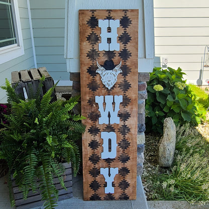 Wooden Highland Cow Howdy Western Porch Leaner Sign, Distressed Western Front Porch Decor, Rustic Highland Cow Welcome Porch Leaner Sign