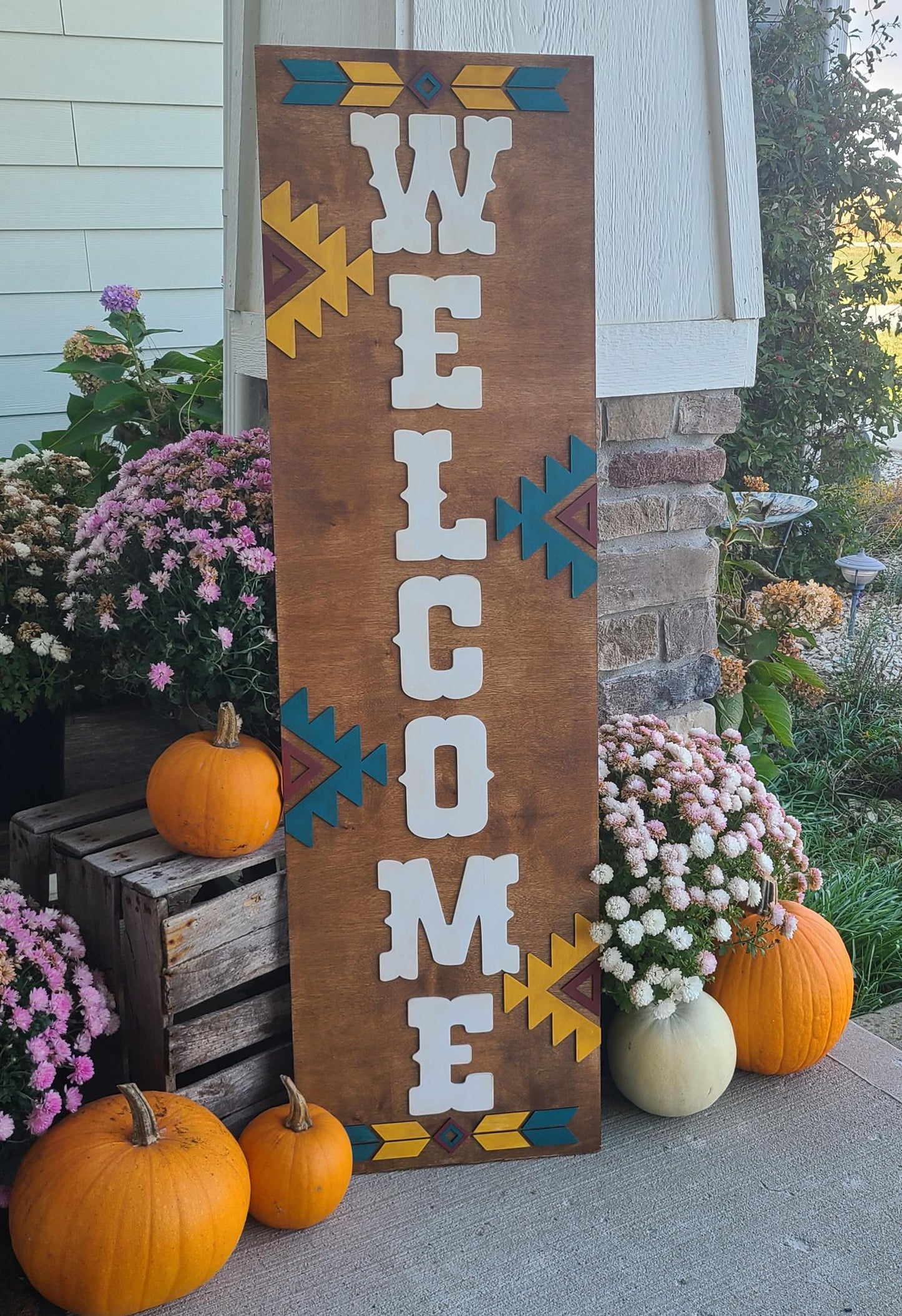 Wooden Rustic Western Aztec Welcome Front Porch Leaner Sign, Distressed Western Front Porch Decor, Welcome Porch Leaner Sign, 3D Wooden Sign