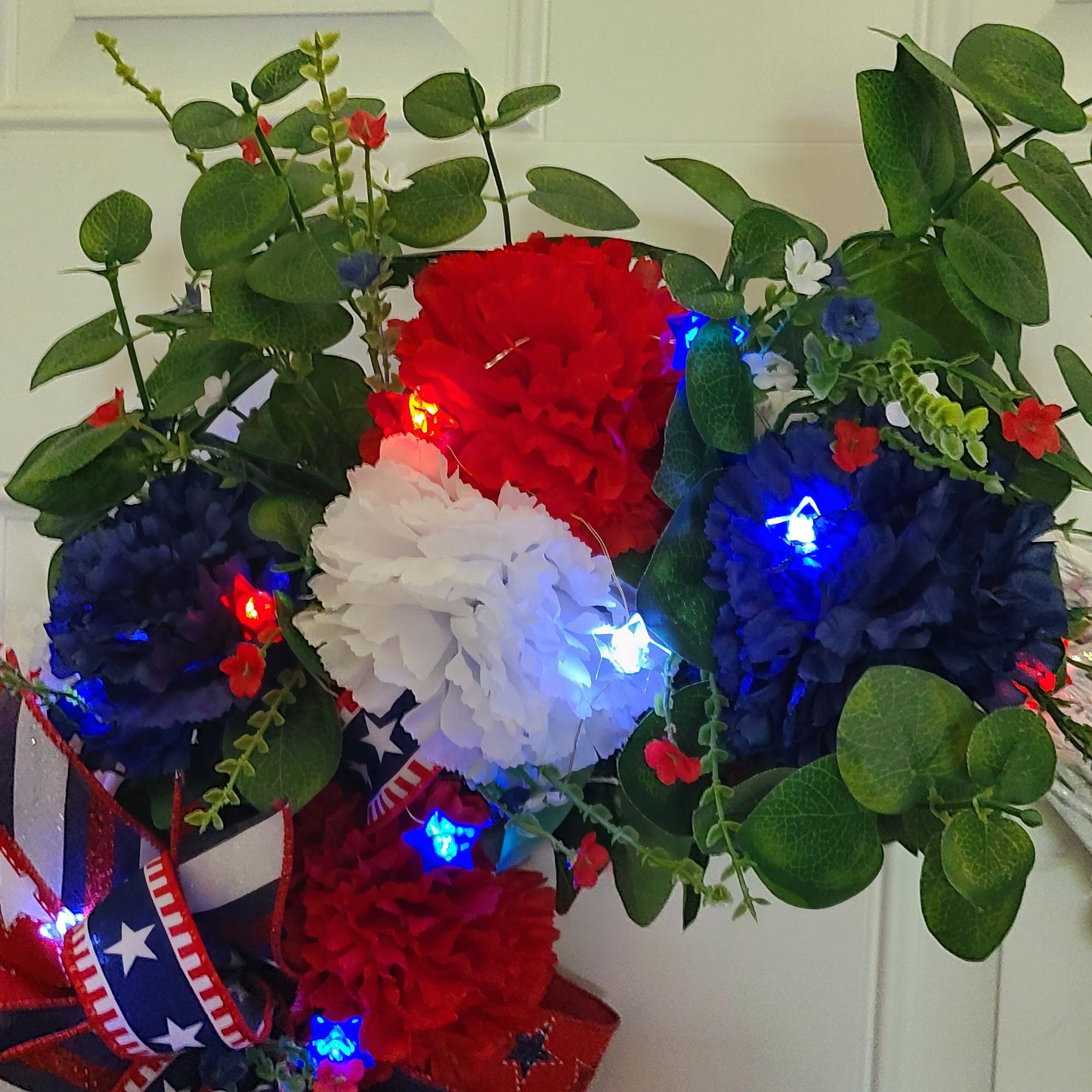 Patriotic Summer White Glitter Grapevine Wreath, Star Battery Powered Lights, Red, White & Blue Carnations Wreath, Fourth of July Wreath