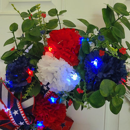 Patriotic Summer White Glitter Grapevine Wreath, Star Battery Powered Lights, Red, White & Blue Carnations Wreath, Fourth of July Wreath